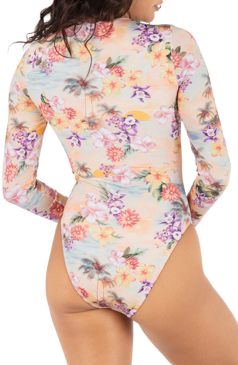 Hurley Scenic Sunset Long Sleeve Zip One-Piece Swimsuit, Alternate, color, Shell Pink Multi