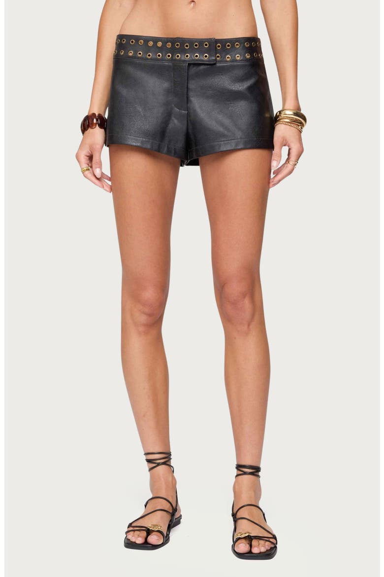Kaylan Grommet Low Rise Faux Leather Shorts, Main, color, BLACK