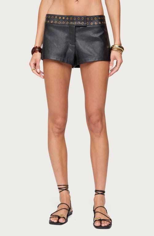 Edikted Kaylan Grommet Low Rise Faux Leather Shorts In Black