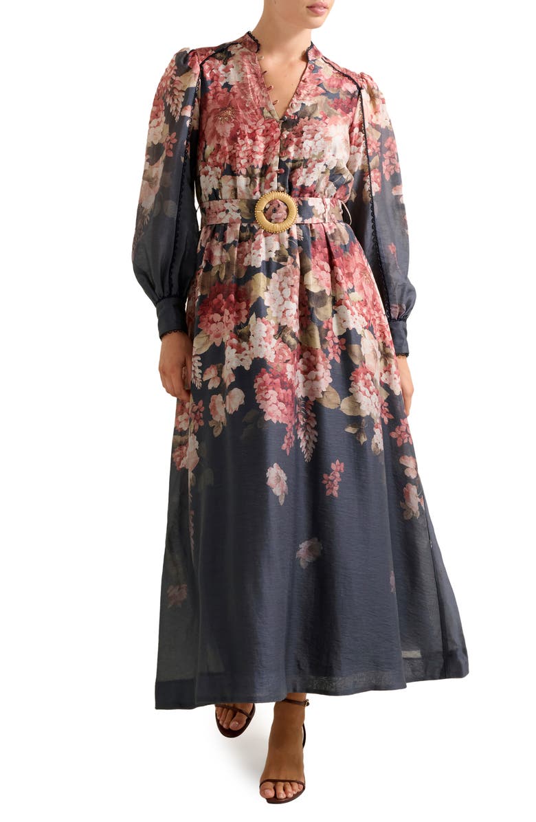 Ever New Peyton Belted Long Sleeve Button Front Maxi Dress, Main, color, Navy Adela Floral