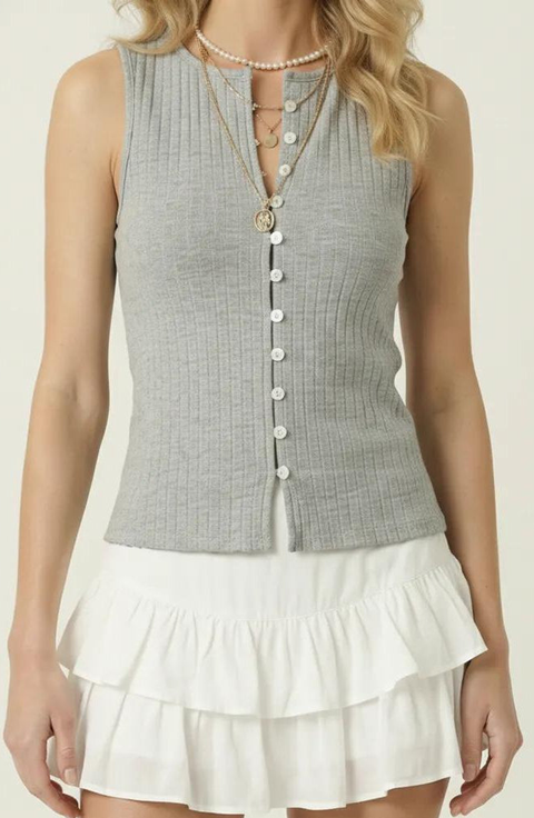 Sleeveless Ribbed Knit Top with Off-Center Button Front Detail