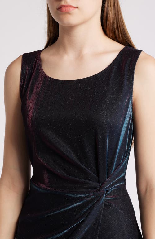 Connected Apparel Metallic Sleeveless Faux Wrap Dress In Blue