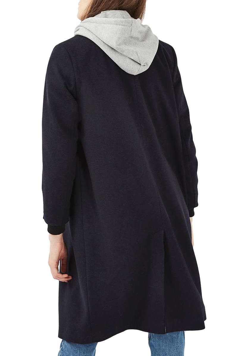 Topshop Hooded Layer Wool Blend Coat, Alternate, color, 