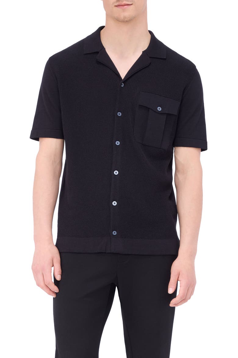 Camp Collar Short Sleeve Cotton & Silk Shirt Sweater, Main, color, BLACK