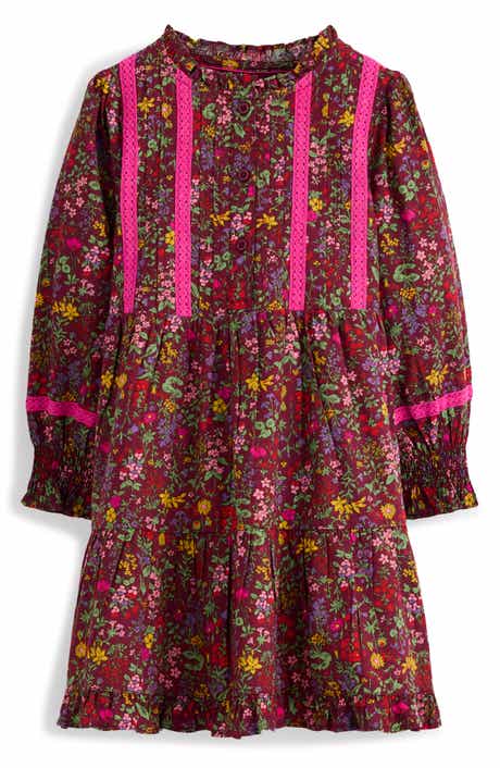 Mini Boden Kids' Floral Print Lace Trim Dress