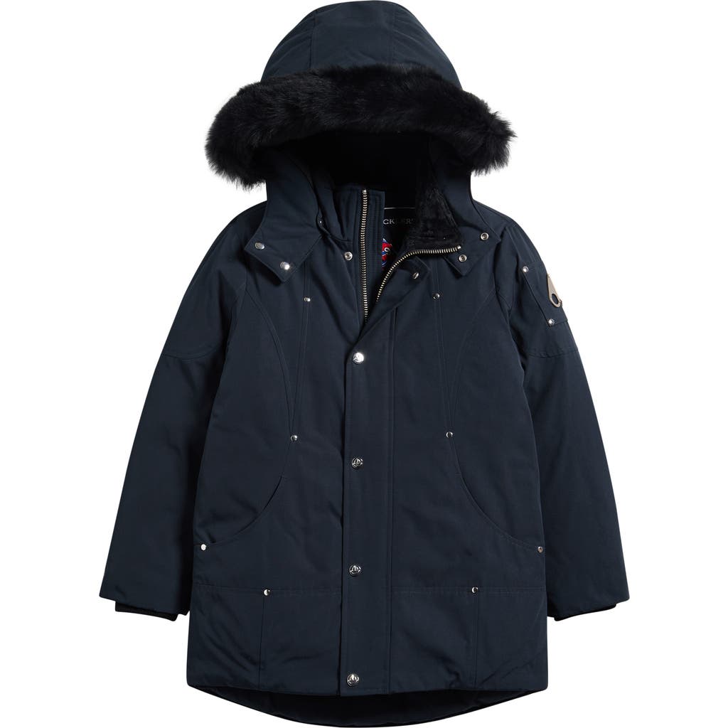 Moose Knuckles Kids' Down Parka With Removable Genuine Shearling Trim Hood In Blue