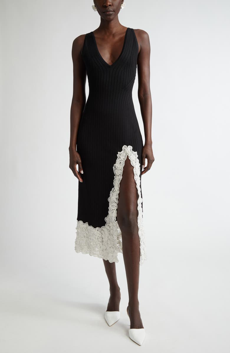 Carolina Herrera Floral Appliqué Trim Rib Midi Tank Dress, Main, color, 