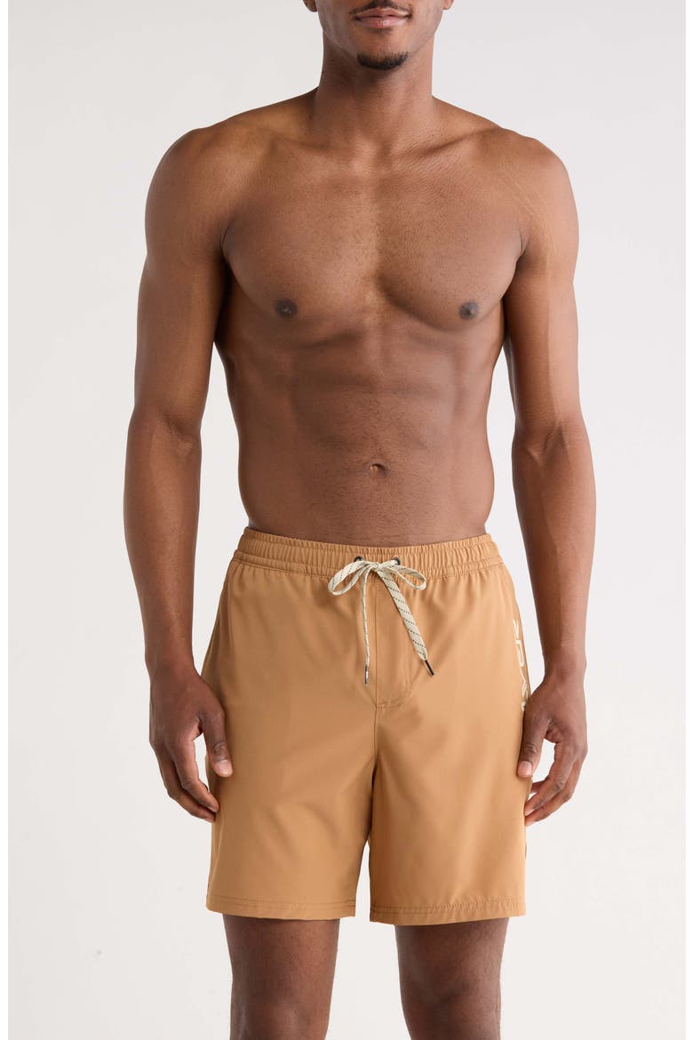 Wind Logo Volley Swim Trunks, Main, color, TOBACCO BROWN