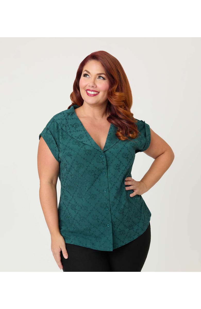 Unique Vintage Plus Size 1960s Twill Sleeveless Blouse, Alternate, color, Teal