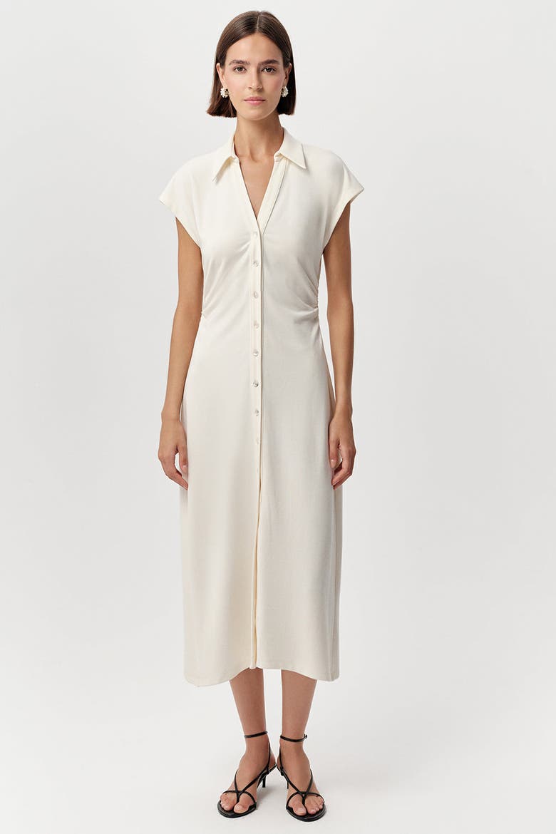 Ursula Collared Gathered Waist Knit Midi Dress, Alternate, color, Bone