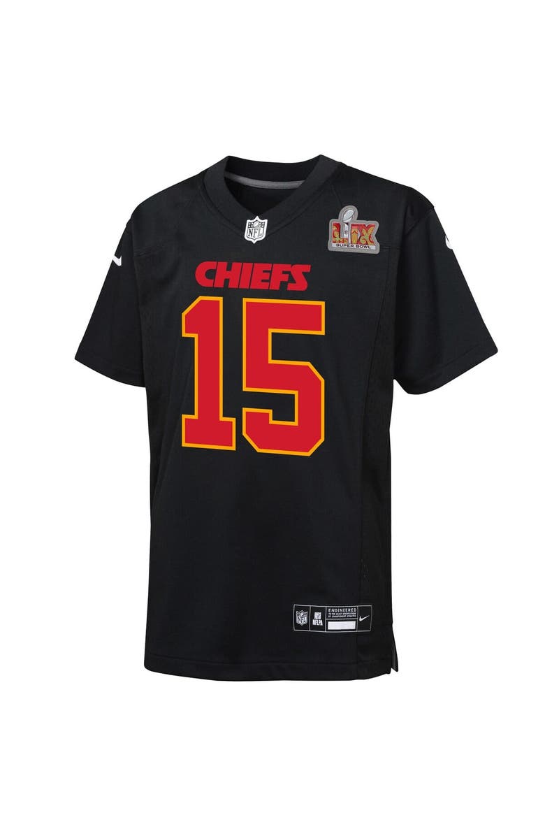 Nike Youth  Nike Patrick Mahomes Carbon Black Kansas City Chiefs Super Bowl LIX Patch Fashion Game Jersey, Alternate, color, 