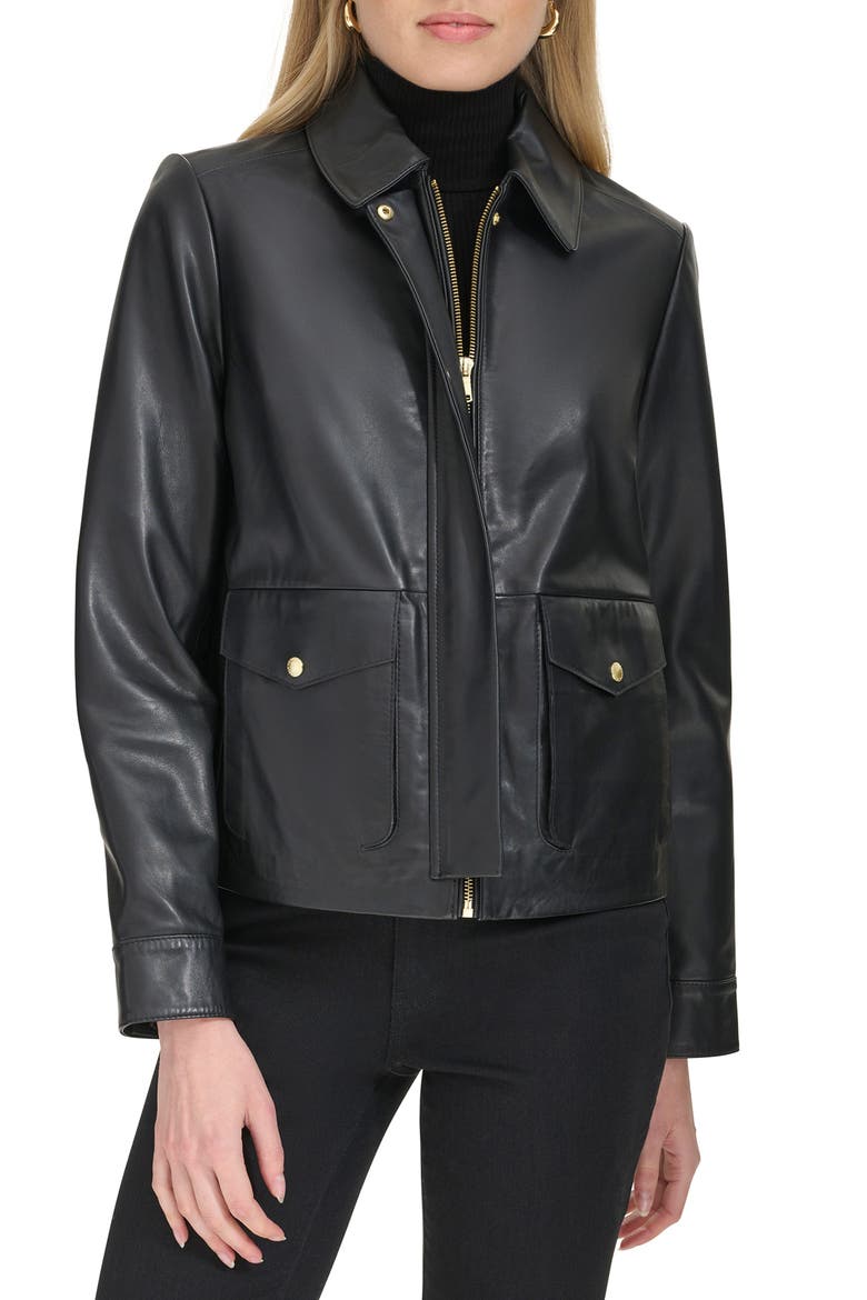 Leather Trucker Jacket, Main, color, BLACK
