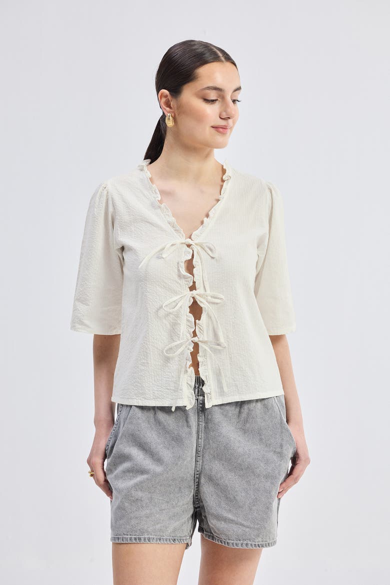 Relaxed Fit Top With Ruffles and Front-Ties, Alternate, color, Striped Horizon