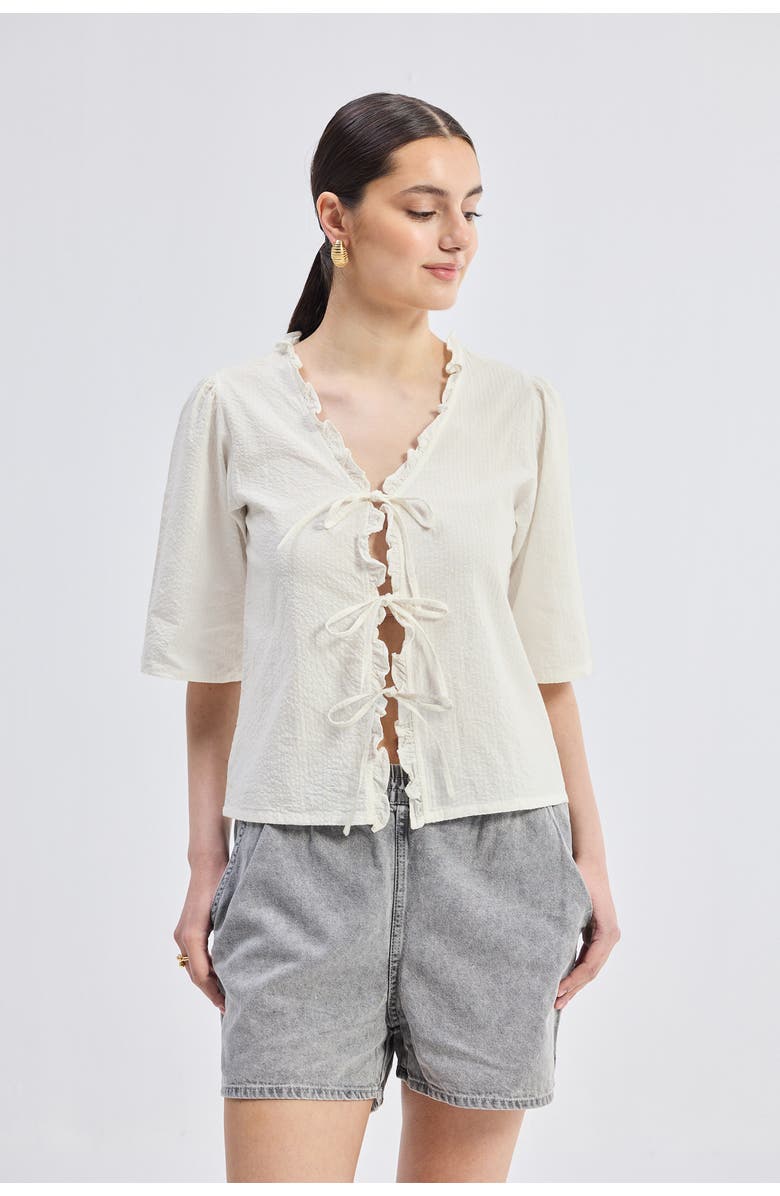 Reistor Relaxed Fit Top With Ruffles and Front-Ties, Alternate, color, Striped Horizon