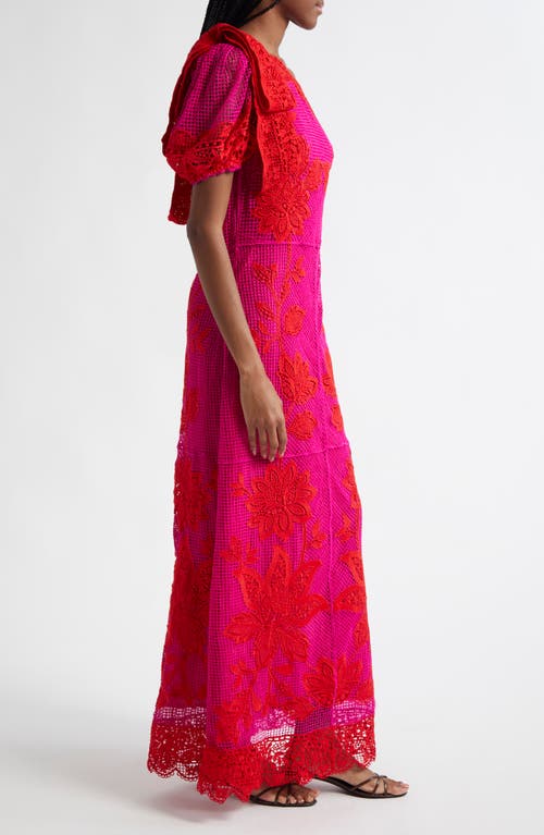 Farm Rio Guipuire Lace One-shoulder Maxi Dress In Red