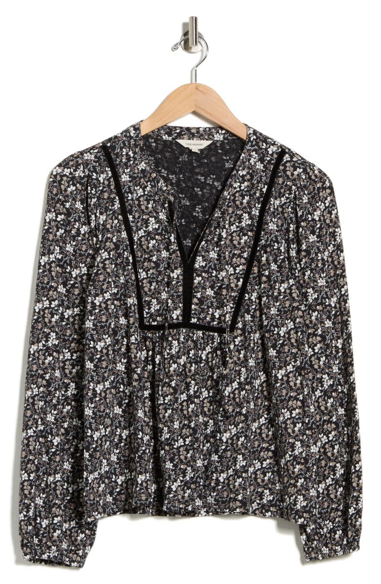 Lucky Brand Split Neck Cotton Popover Top, Alternate, color, Black Floral
