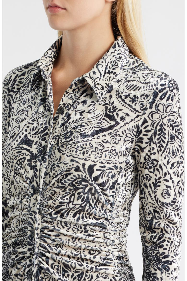 Print Long Sleeve Velvet Midi Shirtdress, Alternate, color, IVORY BLACK