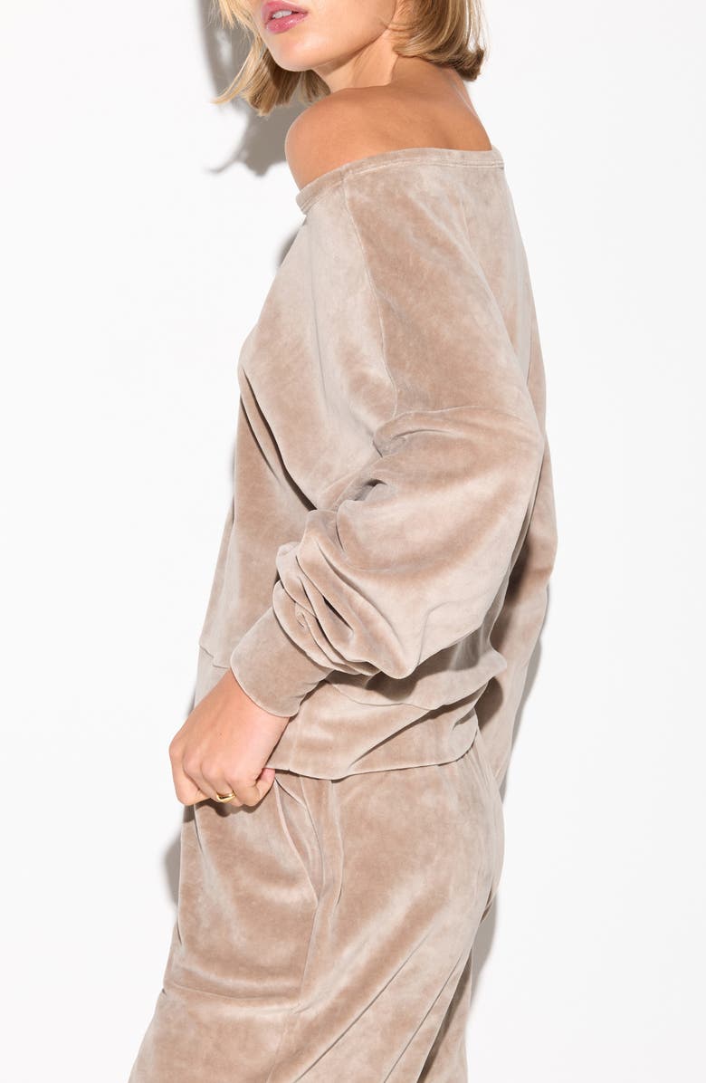 Spiritual Gangster Ava Off the Shoulder Velour Sweatshirt, Alternate, color, Moon Rock