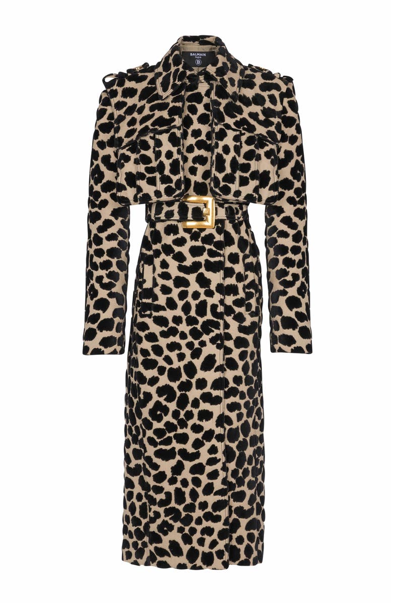 Balmain Leopard Print Jacquard Belted Trench, Alternate, color, Black