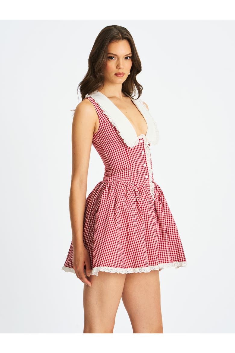 Nala Gingham Eyelet Lace Trim Peterpan Collar Mini Dress, Alternate, color, Red and white cotton gingham