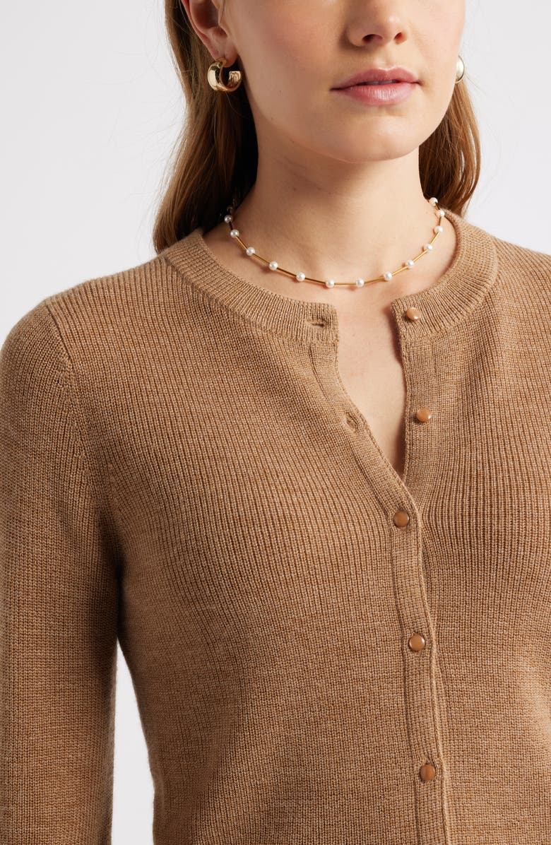 Caslon<sup>®</sup> Crewneck Merino Wool Blend Cardigan, Alternate, color, Tan Camel Dark Heather