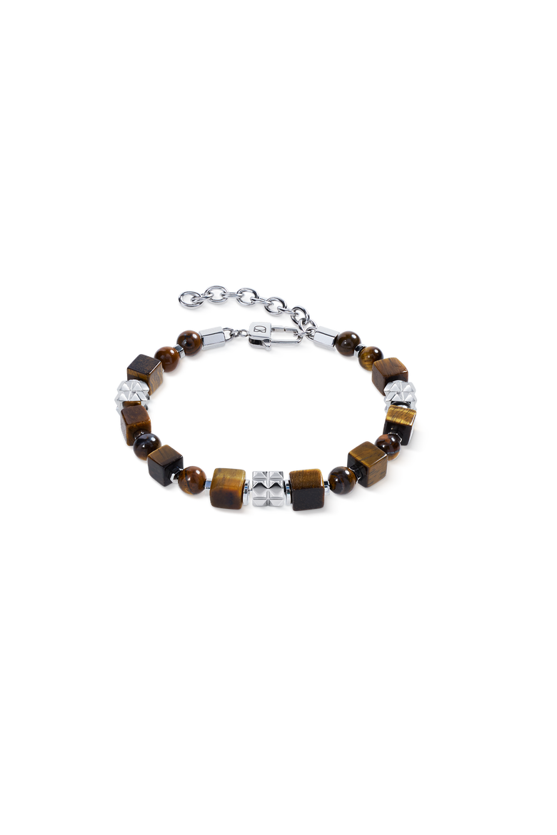 Tiger Eye Cube And Bead Bracelet With Stainless Steel Spikes Cubes, Main, color, Silver