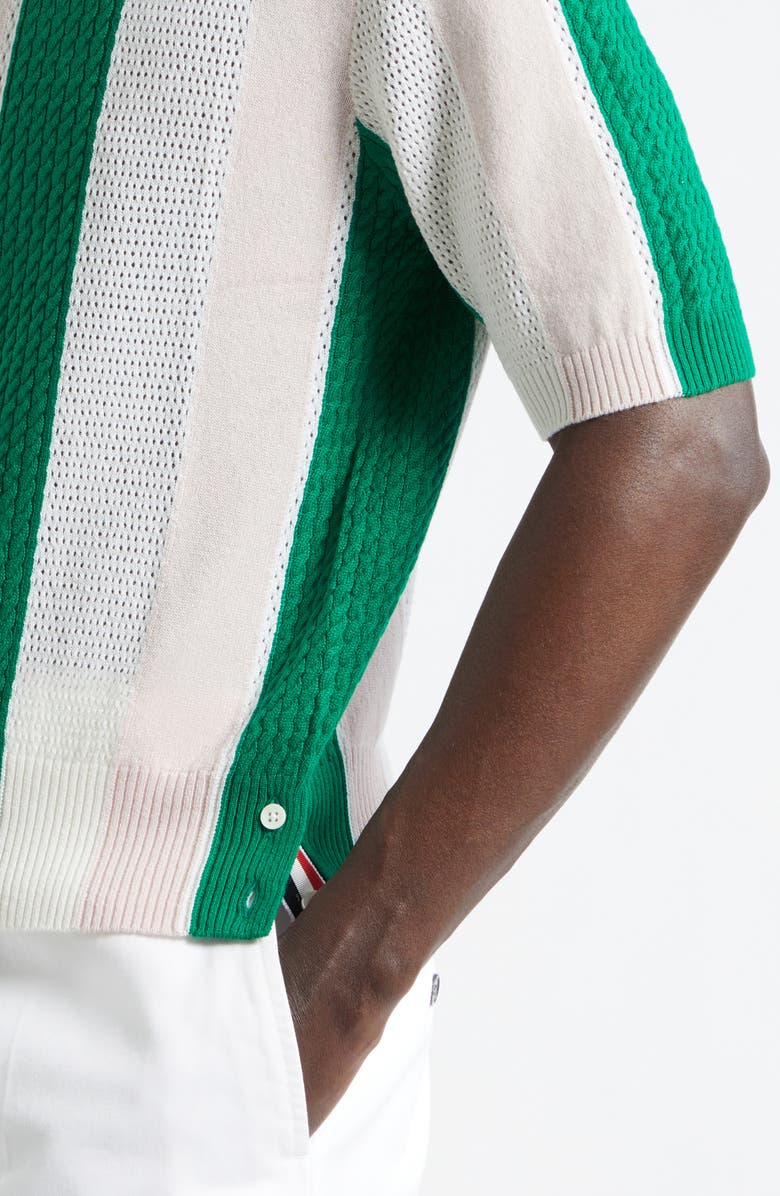 Thom Browne Shadow Stripe Mixed Stitch Short Sleeve Cashmere Polo Sweater, Alternate, color, Light Pink