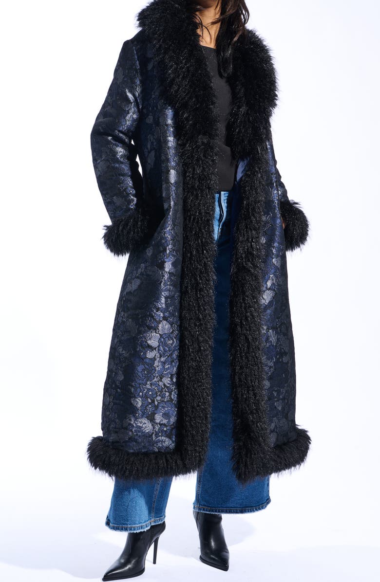 AZALEA WANG Ilsa Faux Fur Trim Jacquard Coat, Main, color, Navy