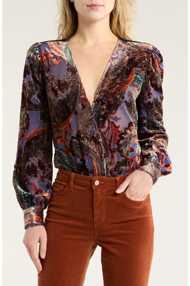 Burnout Velvet Long Sleeve Bodysuit, Main, color, PERIWINKLE FRENCH PAISLEY