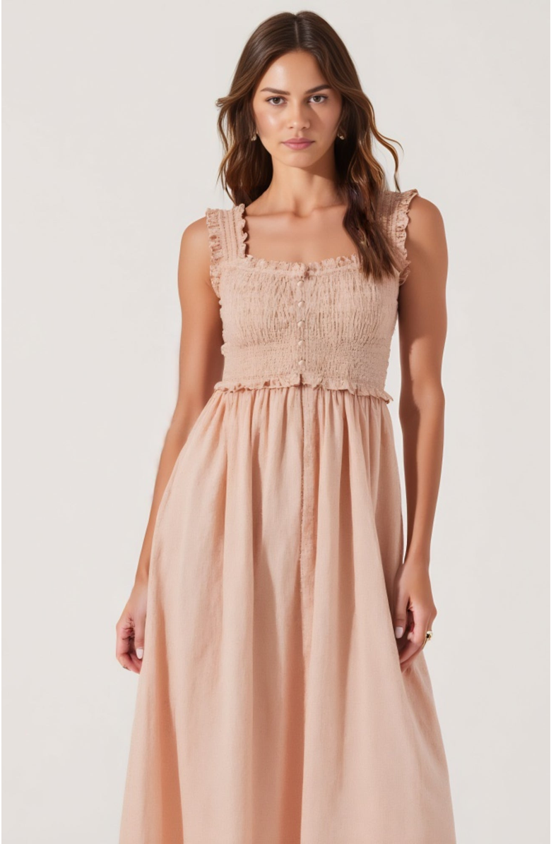 Modenaire Smocked Button-Front Ruffle-Strap Midi Dress, Alternate, color, Light Pink