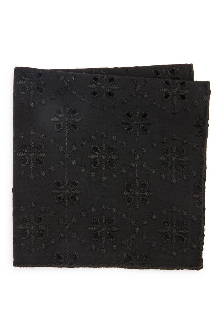 Broderie Anglaise Cotton Pocket Square, Main, color, BLACK