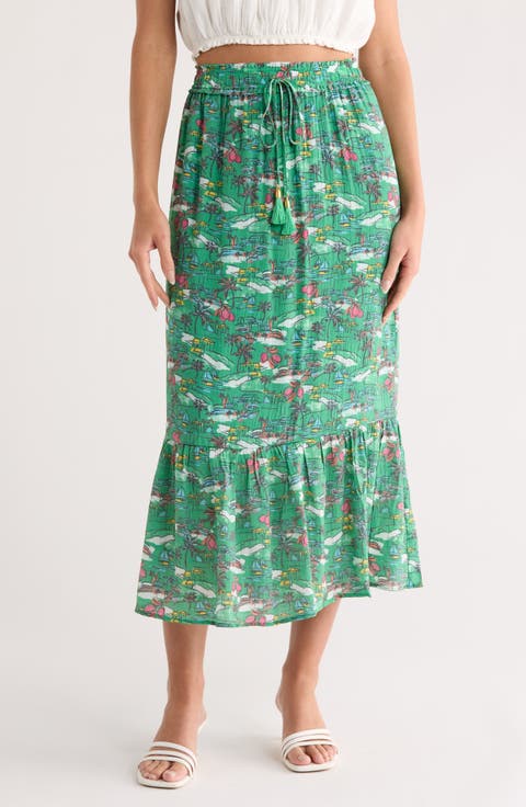 Printed Flounce Midi Skirt
