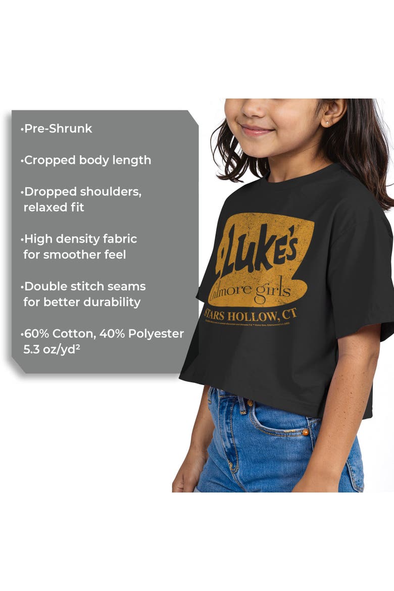Girls' Luke's Dinner Distressed Logo Graphic Cropped T-Shirt, Alternate, color, Black
