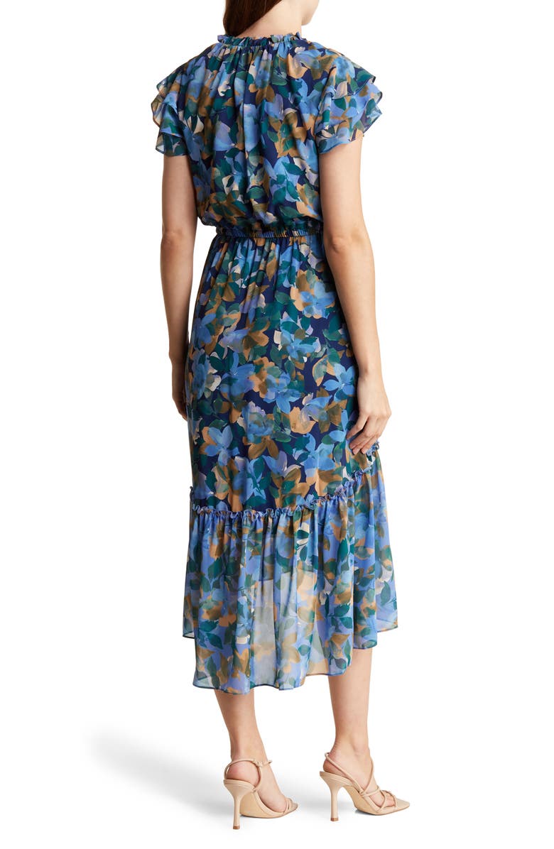 Vince Camuto Floral Flutter Sleeve Chiffon High-Low Midi Dress, Alternate, color, Blue