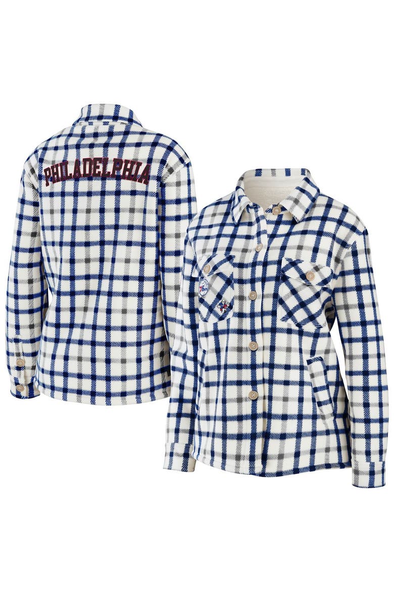 Women's WEAR by Erin Andrews Oatmeal Philadelphia 76ers Plaid Button-Up Shirt Jacket, Alternate, color, Oatmeal