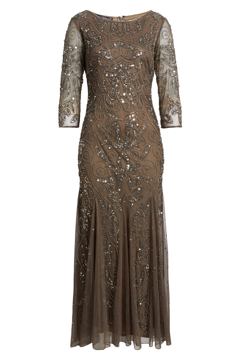 Illusion Sleeve Beaded A-Line Gown, Alternate, color, MOCHA