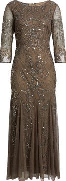 Pisarro Nights Illusion Sleeve Beaded A-Line Gown