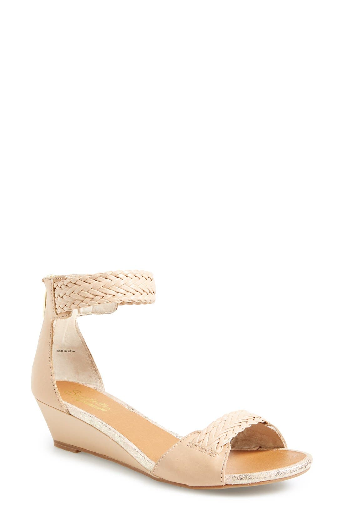 'Spelling Bee' Leather Ankle Cuff Wedge Sandal, Main, color, NUDE