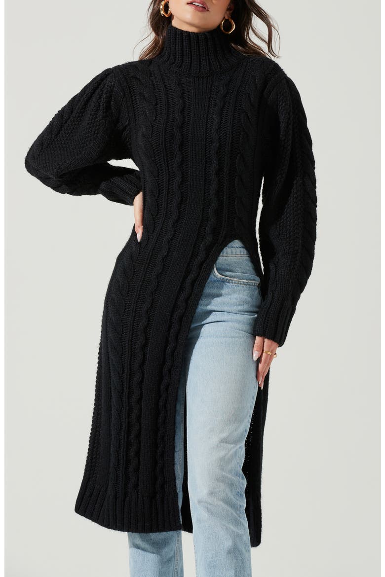 Evangelina Cable Stitch Maxi Turtleneck Sweater, Alternate, color, BLACK