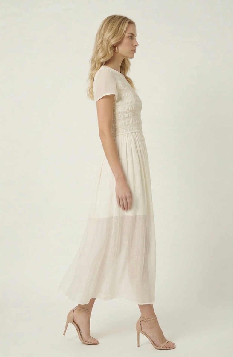 Modenaire Sheer Overlay Midi Dress with Smocked Bodice, Alternate, color, Cream