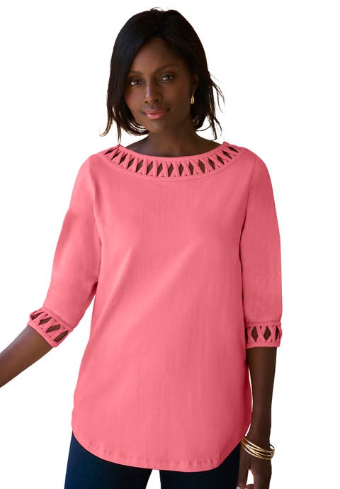 Stretch Cotton Lattice Boatneck Tunic