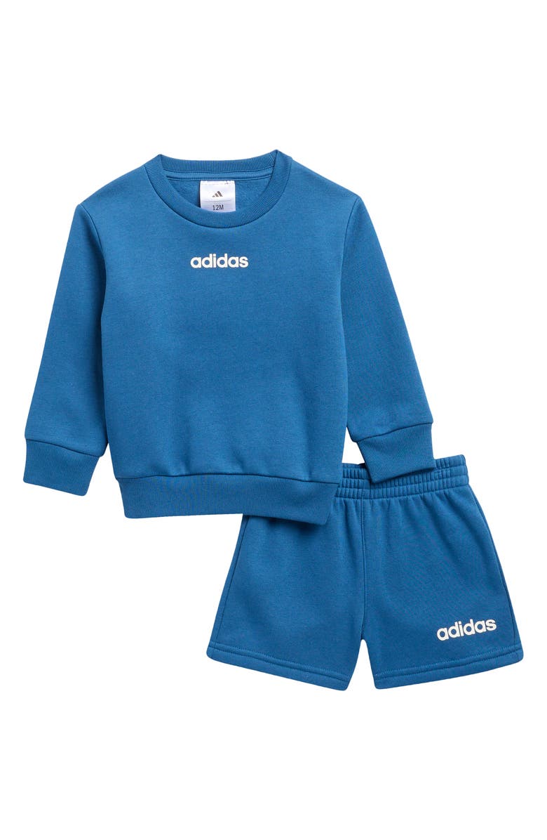 adidas Logo Fleece Crewneck Sweatshirt & Shorts Set, Main, color, Dusky Petrol
