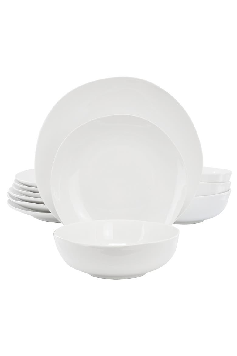 Aspen Drift 12 Piece Organic Round Ceramic Dinnerware Set, Main, color, White
