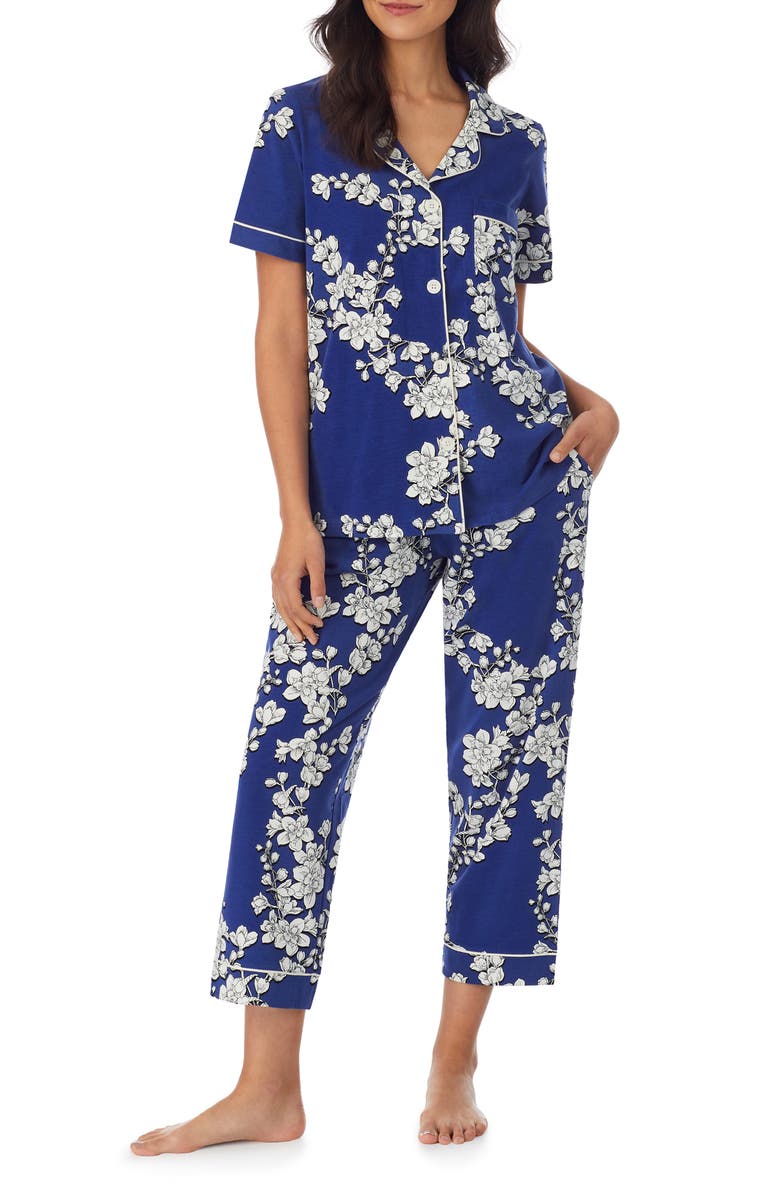 BedHead Pajamas Navy Shadow Blossom Organic Cotton Crop Pajamas, Alternate, color, Navy Shadow Blossom