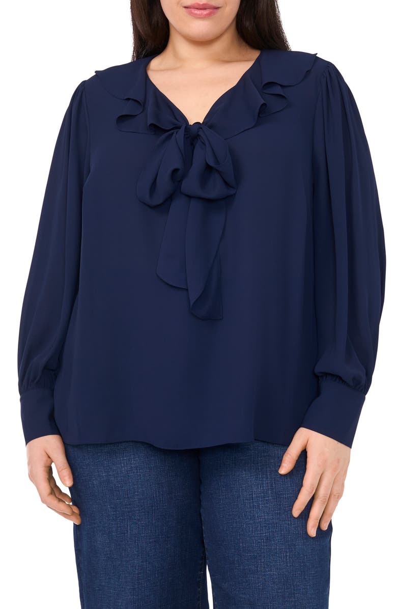 CeCe Ruffle Tie Neck Top, Main, color, Classic Navy