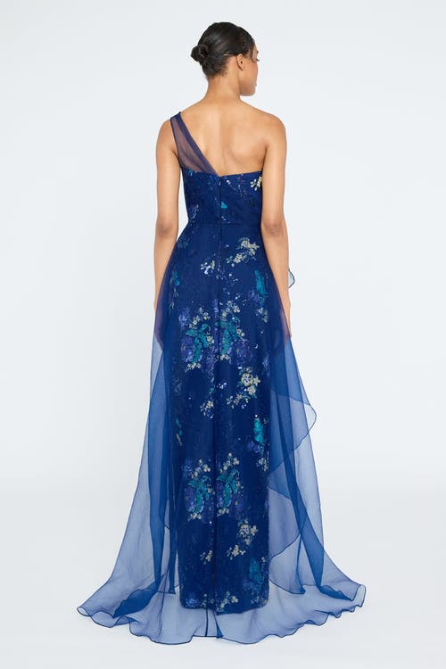 Theia Noemi One Shoulder Sequined Gown In Blue