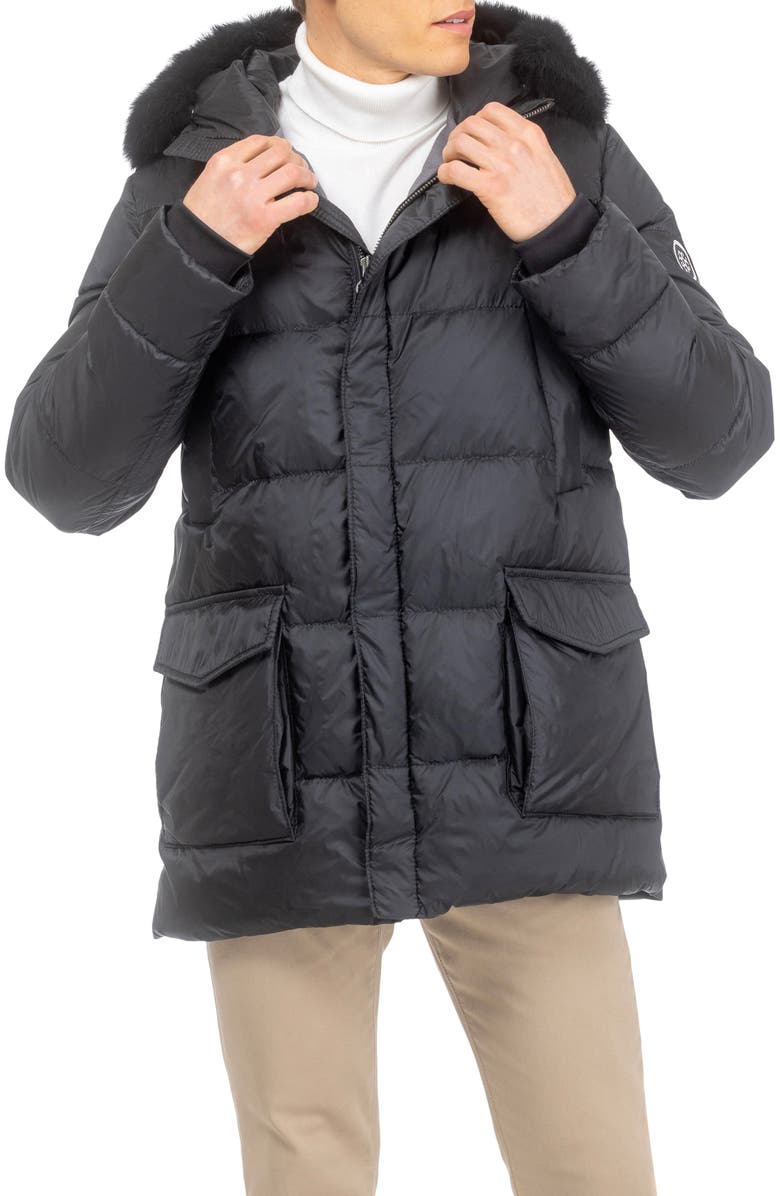 GORSKI Mens Apres-Ski Jacket with Detachable Genuine Shearling Hood Trim, Alternate, color, Black/Black