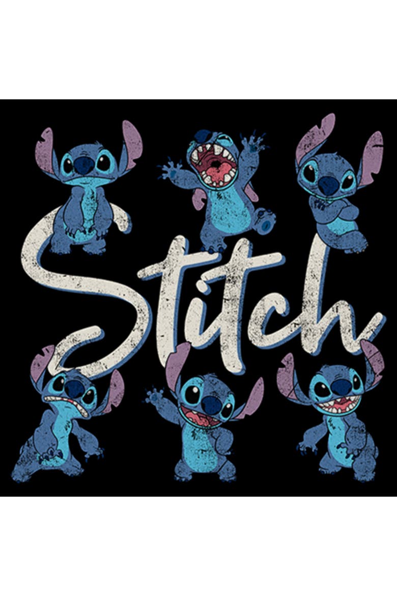 Girl's Lilo & Stitch Many Distressed Poses Graphic Cropped T-Shirt, Alternate, color, Black
