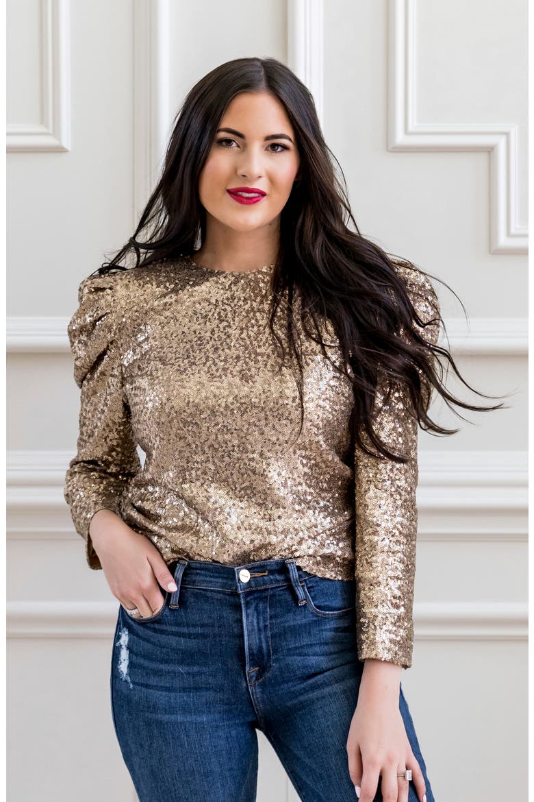 Rachel Parcel Sequin Puff Shoulder Top, Alternate, color, GOLD