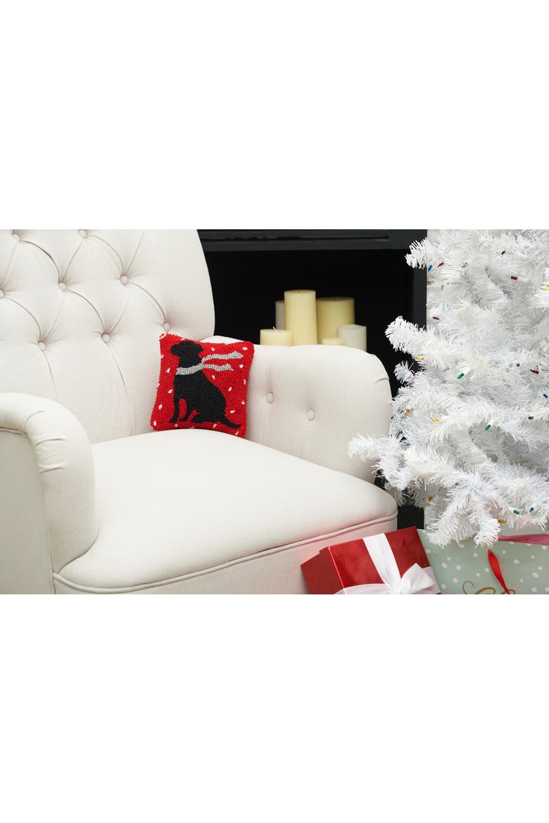 Winter Christmas Black Dog with Scarf Silhouette Mini Hooked Accent Pillow 8" x 8", Alternate, color, Red